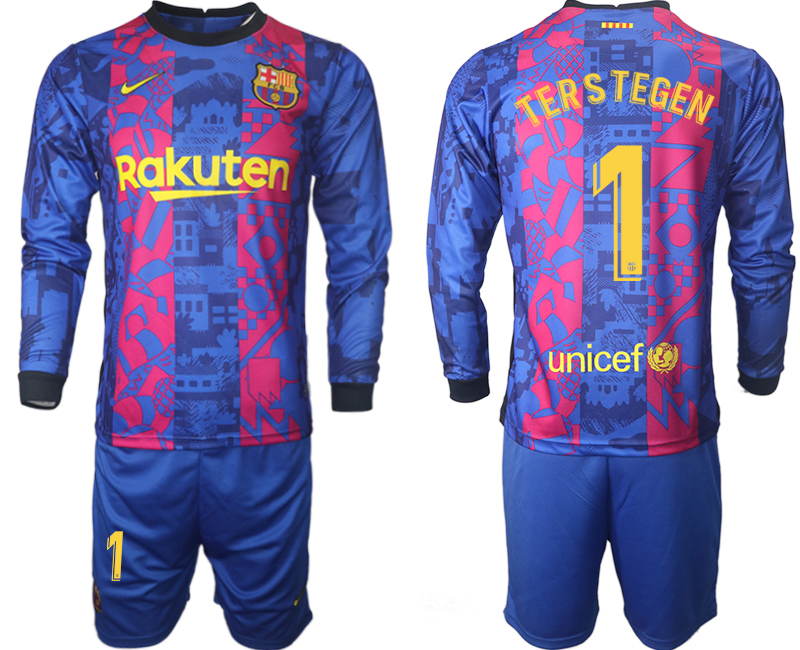 Men 2021-2022 Club Barcelona Second away blue Long Sleeve #1 Soccer Jersey